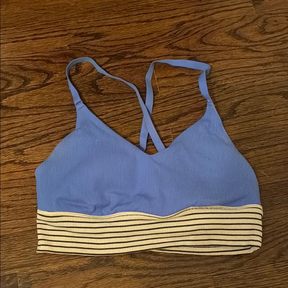 Light Blue Ribbed Strappy Bralette with Striped Band